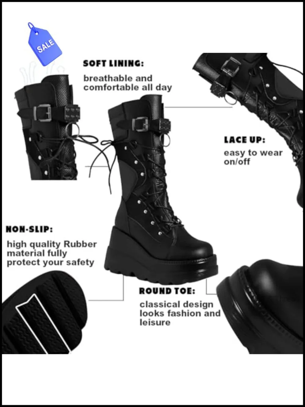 PU Leather Mid Calf Platform Boots with Chunky Wedge Heel
